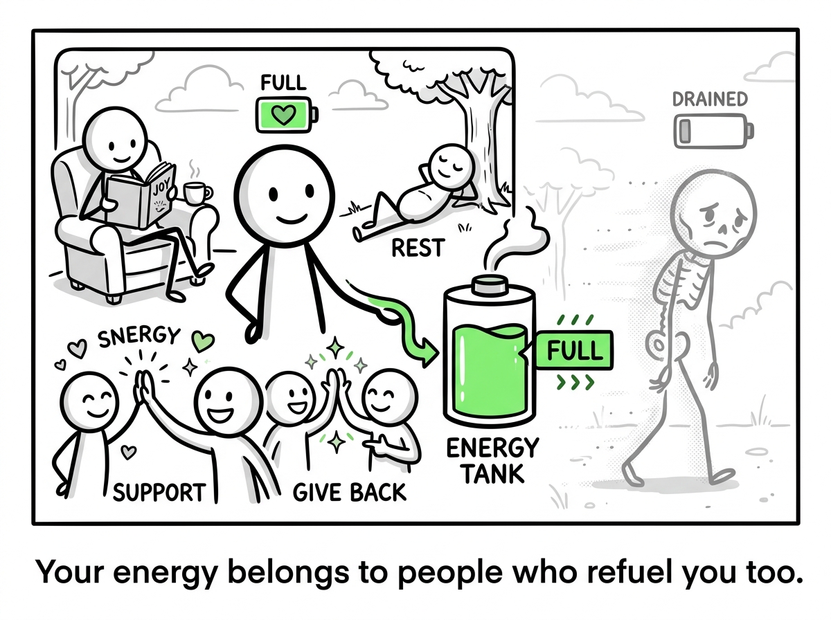 The stick figure refueling their own tank — reading, resting, connecting with people who give back — while the other figure fades into the background