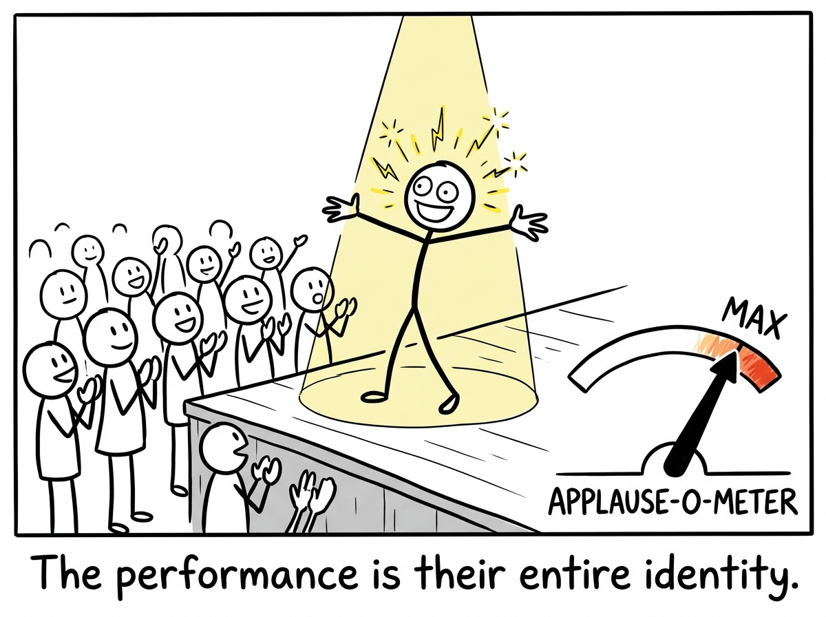 A stick figure standing on a stage under a spotlight, arms outstretched, receiving a standing ovation from a crowd. An 'Applause-O-Meter' on the side reads maximum. The figure looks alive, powerful, electric