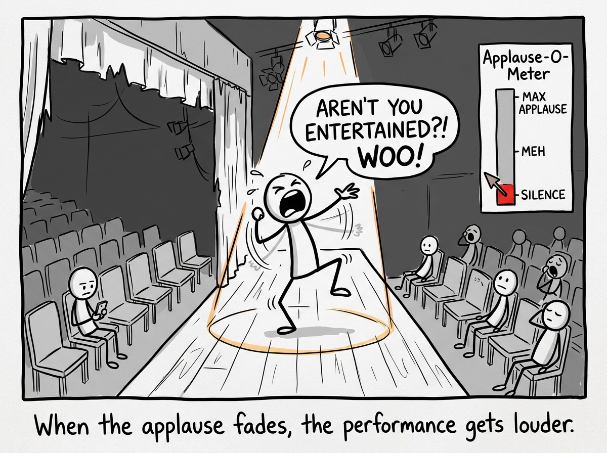 The same stage, but half the audience has left. The figure is still performing — louder now, more dramatic, doing bigger gestures. The Applause-O-Meter is dropping. Sweat beads appear on the performer's forehead