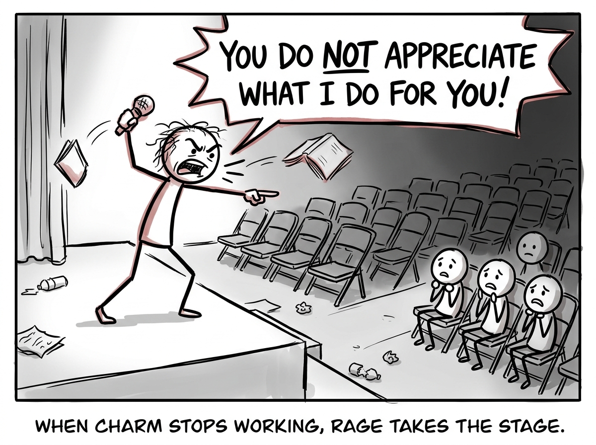 The audience is almost gone. The figure has abandoned the charming act and is now throwing things, yelling at the remaining people, and pointing an accusing finger: 'You do not APPRECIATE what I do for you!' The few remaining audience members look scared