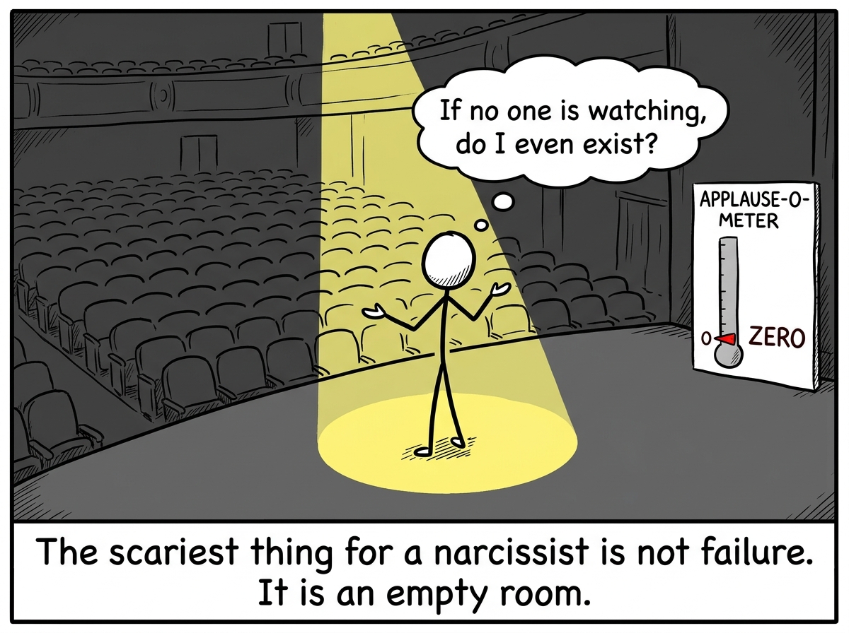 An empty theater. The figure stands alone on stage, the spotlight still on, performing to empty seats. A single thought bubble reads 'If no one is watching, do I even exist?' The Applause-O-Meter reads zero
