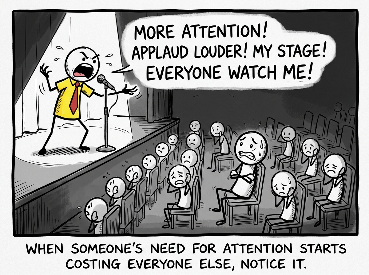 A stick figure in the audience recognizing the escalation — the performer getting louder and more demanding, the audience shrinking