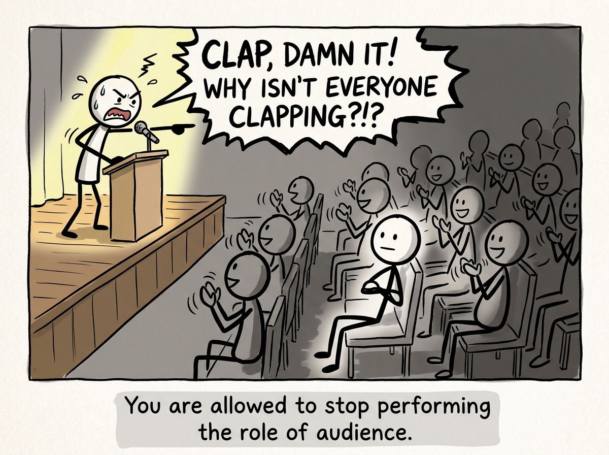 The stick figure choosing not to clap on command, sitting calmly while the performer looks agitated