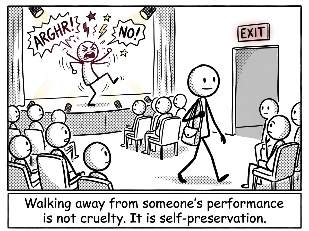 The stick figure walking toward the exit of the theater, leaving the show without guilt, while the performer rages on stage