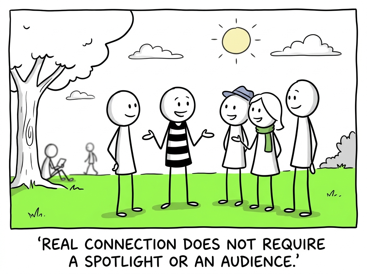 The stick figure outside in daylight, connecting with people who do not need applause to feel real, just honest conversation