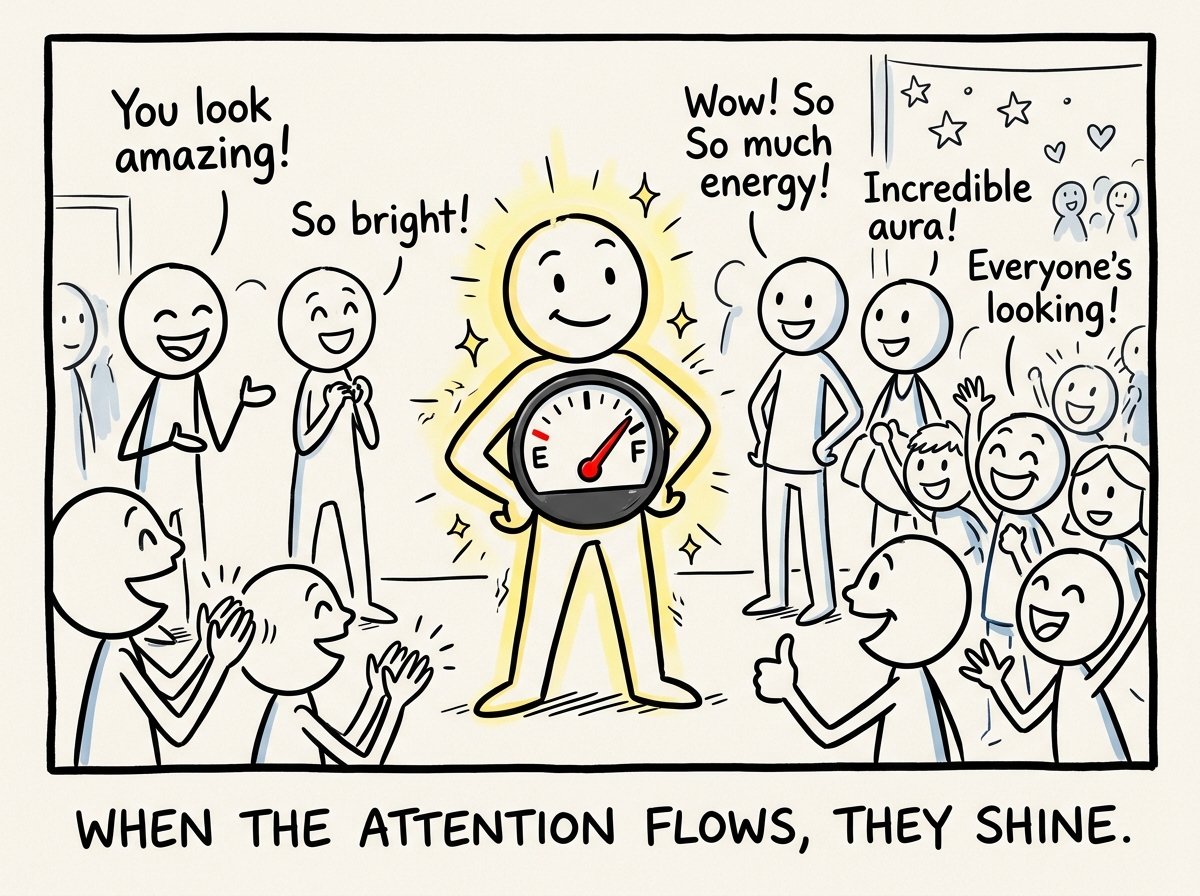 A stick figure with a large fuel gauge embedded in their chest. The needle points to 'F' for full. Around them, people are complimenting, admiring, and paying attention to them. The figure looks radiant and confident, glowing with energy