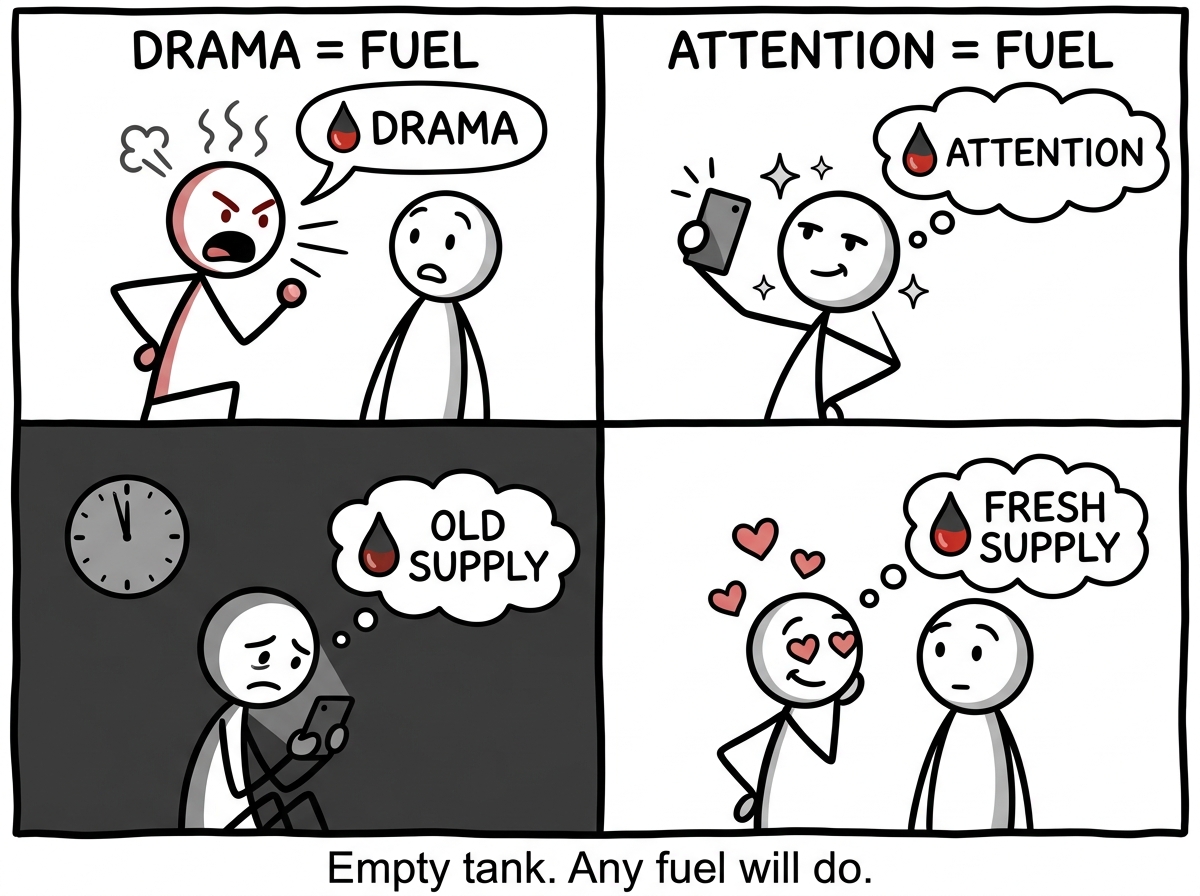 The figure with the gauge near empty, now desperately trying different tactics to refuel: picking a fight with one person (drama = fuel), posting a provocative photo (attention = fuel), calling an ex at midnight (old supply), and flirting with someone new (fresh supply). Each action has a small fuel drop icon