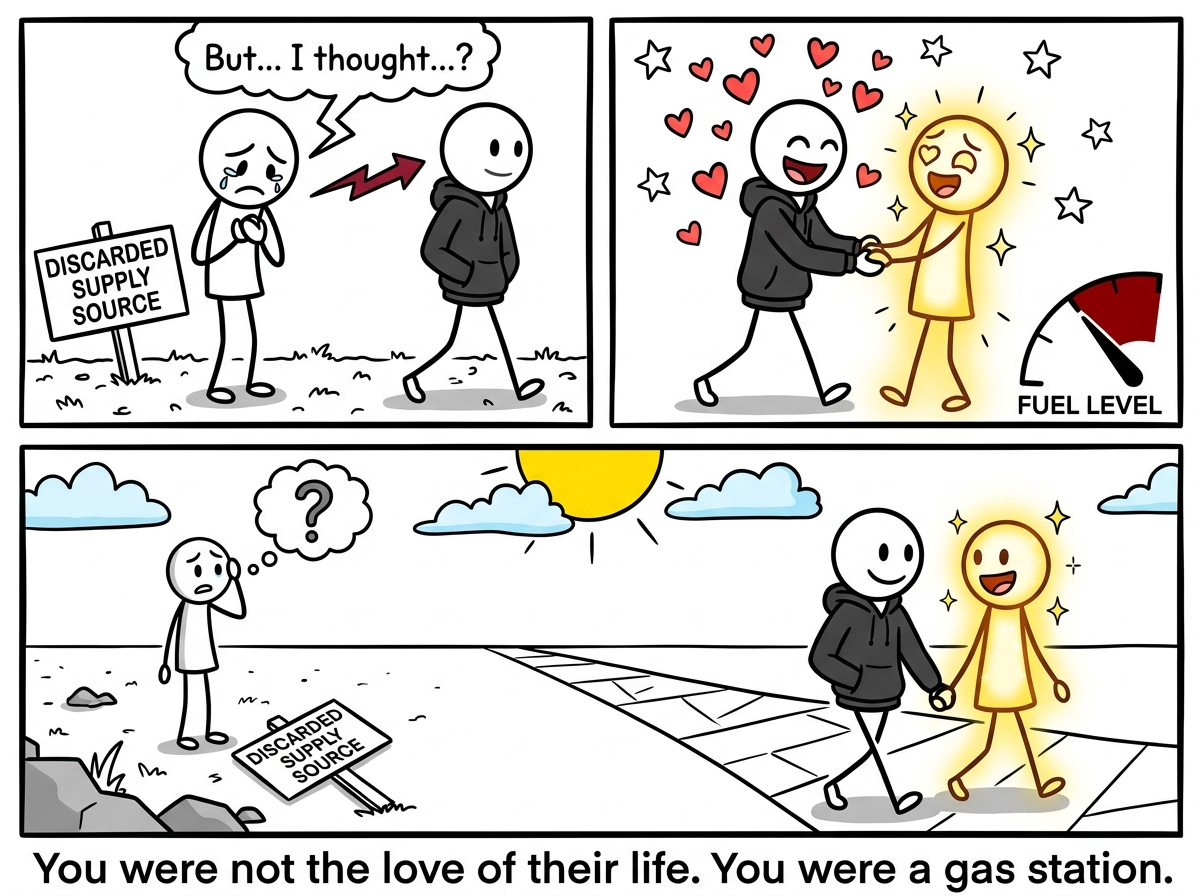 The figure walking away from a confused, heartbroken person toward a new, shiny person who is already being love-bombed. The fuel gauge is rising again. A discarded sign on the ground reads 'Previous Supply Source.' The abandoned person watches, baffled