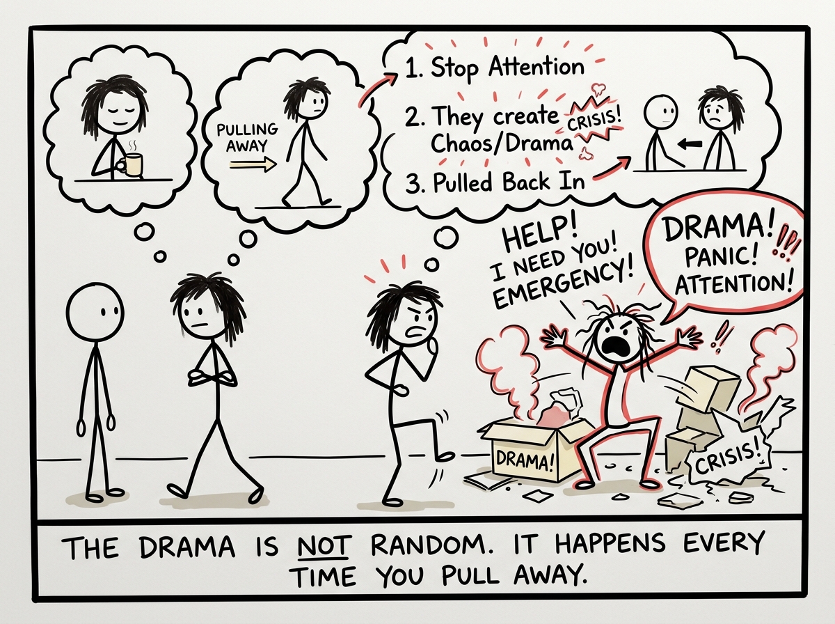A stick figure noticing that every time they stop giving attention, the other person creates drama or a crisis to pull them back in