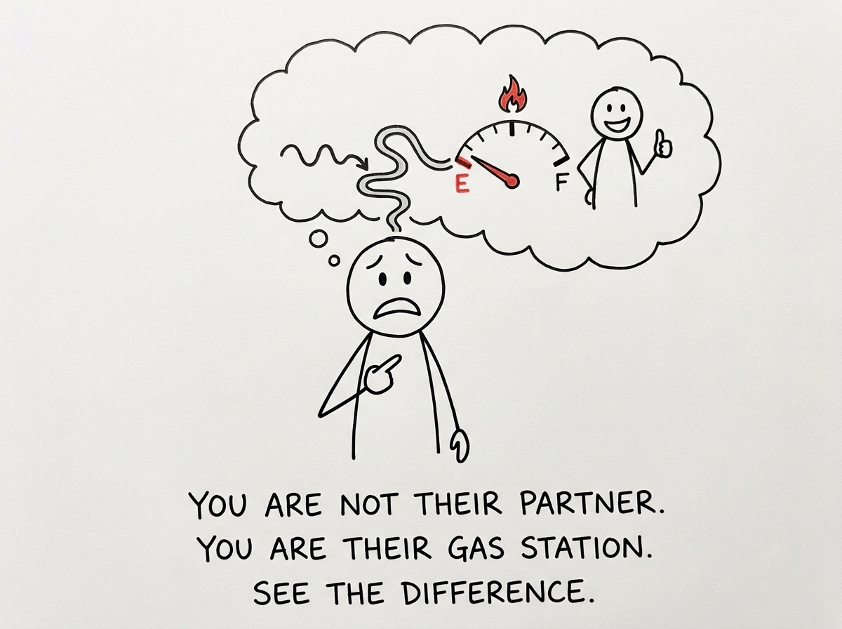 The stick figure recognizing themselves as a fuel source — a thought bubble shows their energy draining into someone else's gauge