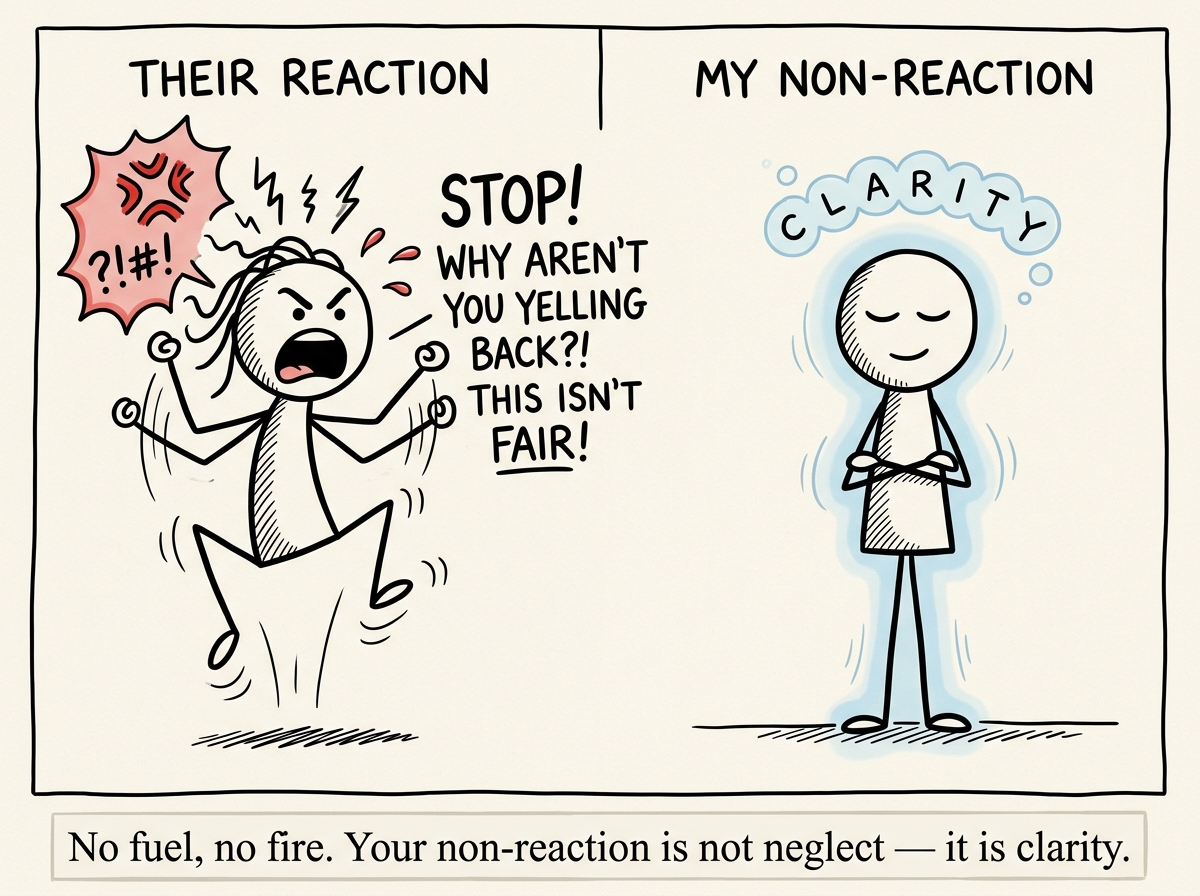 The stick figure choosing to stop reacting — no drama response, no rushing back, just stillness — while the other person escalates