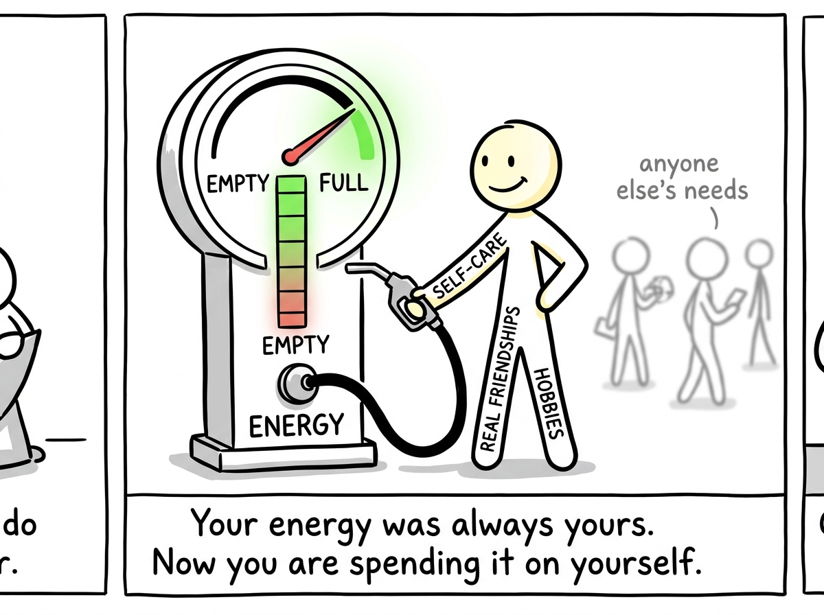 The stick figure filling their own tank — self-care, real friendships, hobbies — their gauge rising independently of anyone else's needs