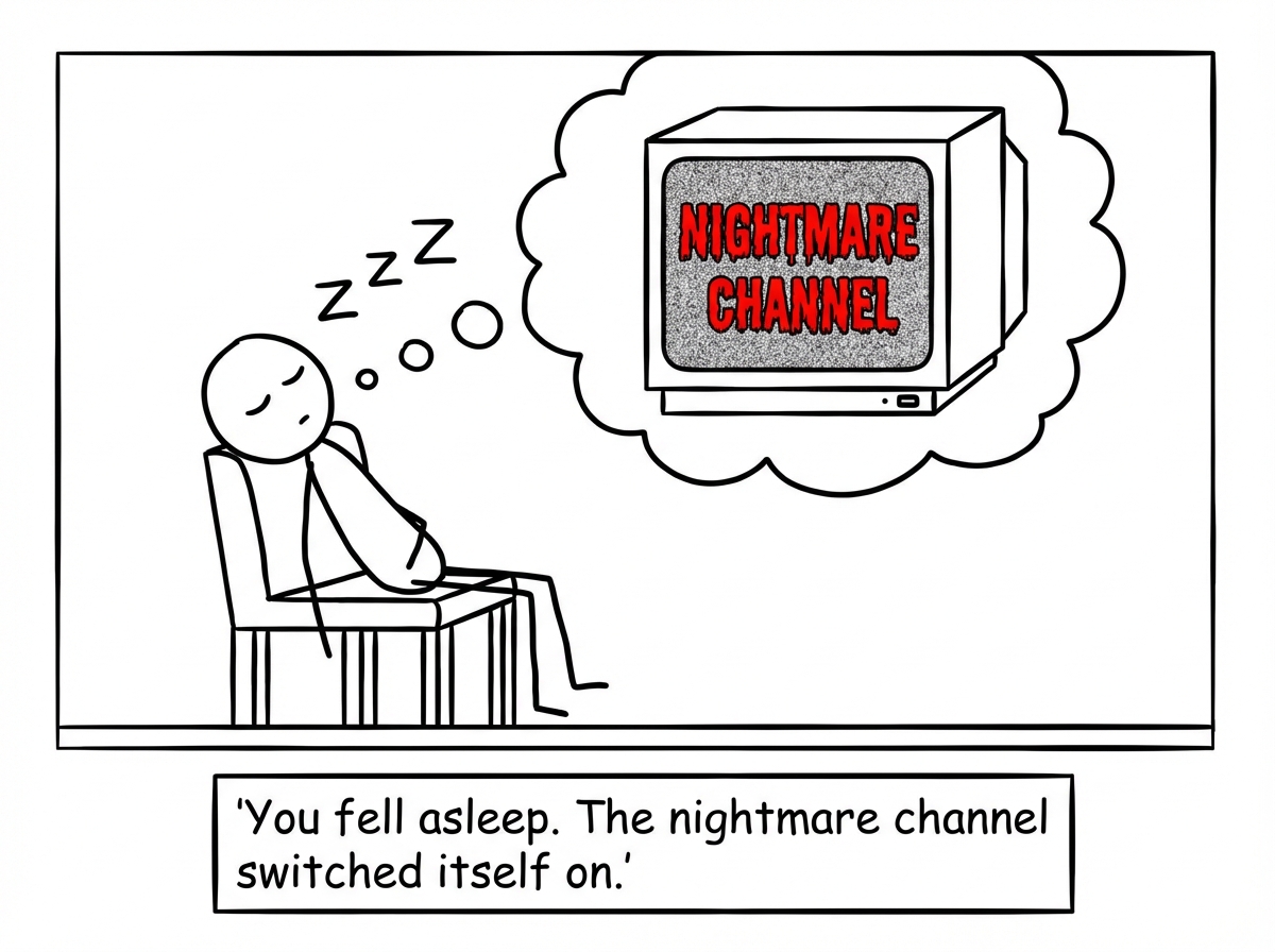 A stick figure falling asleep in bed, eyes closing, while behind them a large old television set flickers to life on its own. The screen displays 'NIGHTMARE CHANNEL' in static-filled letters. A small label on the TV reads 'No Off Switch.'