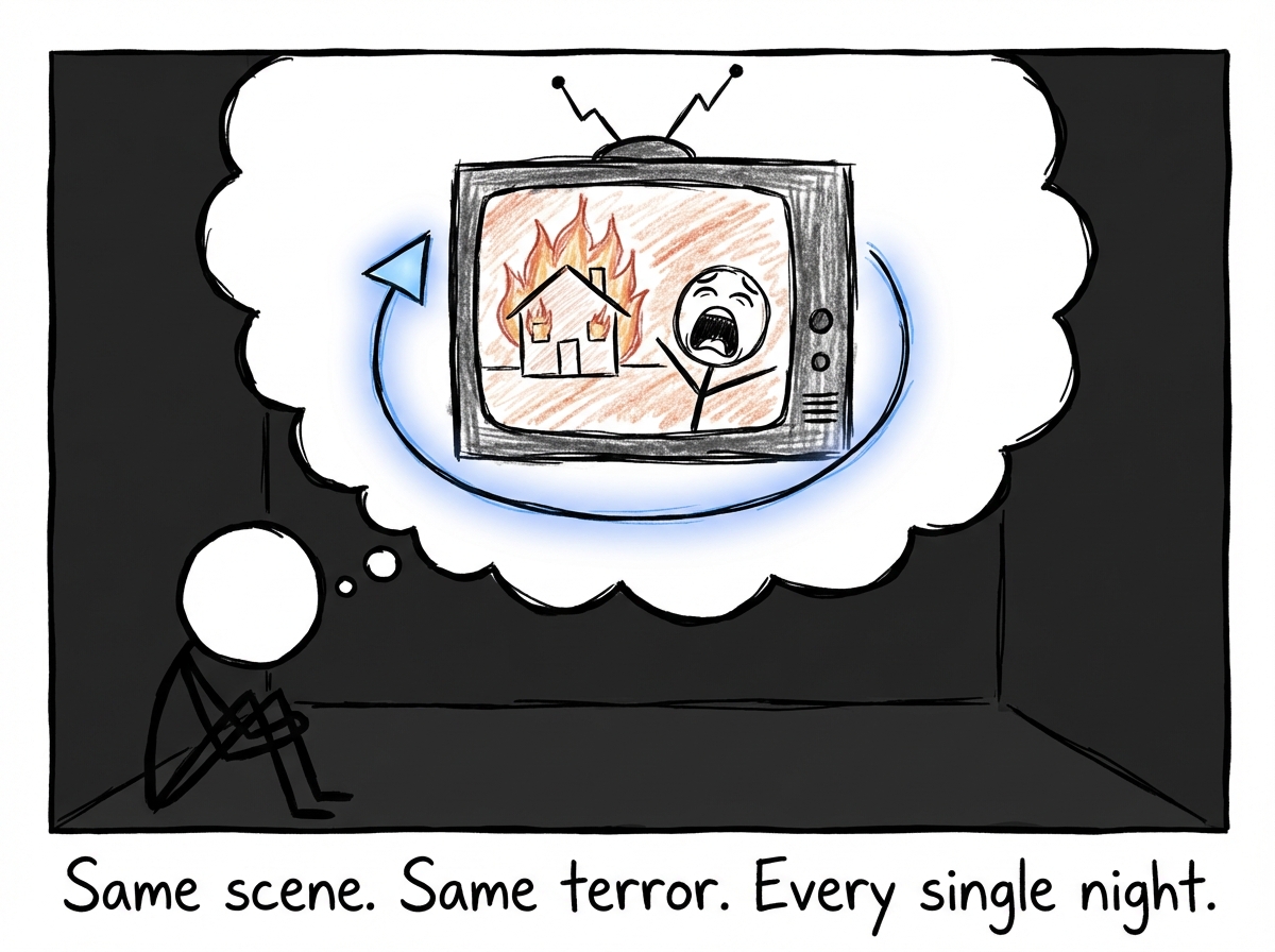 The stick figure asleep but distressed, tossing and turning, while the TV screen shows the same dark scene playing for what the counter at the bottom indicates is 'Episode 1 -- Rerun #247.' The image on screen is blurry and menacing, all shadows and sharp angles.