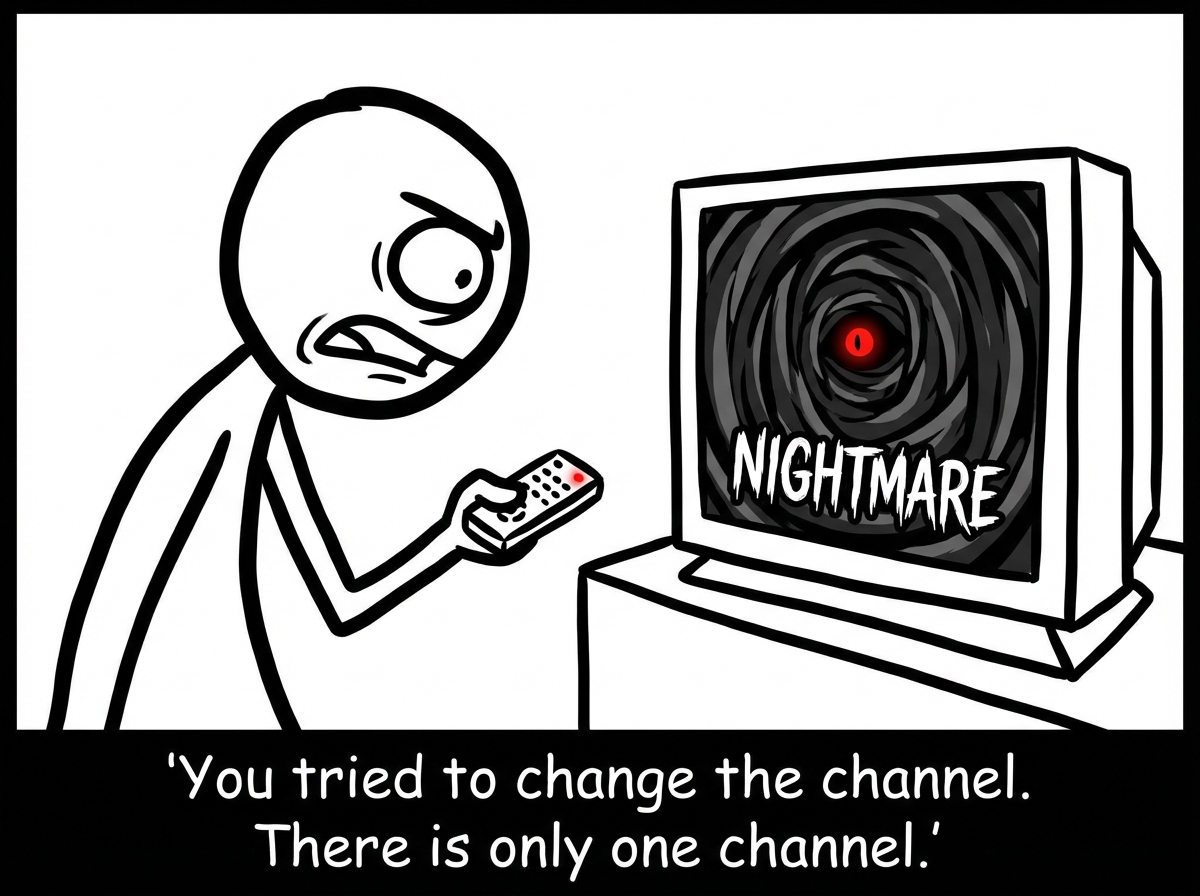 The stick figure awake and frantically pressing buttons on a remote control, but the TV only has one channel. A guide on the screen reads 'Channel 1: The Worst Night of Your Life. Channel 2: See Channel 1.' The figure's face shows exhaustion and frustration.