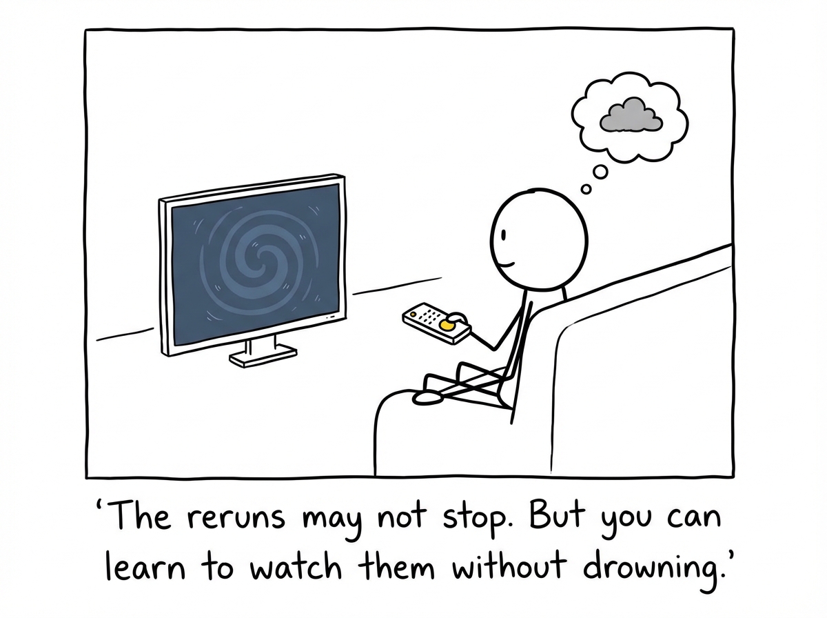 A stick figure writing in a notebook with a therapist nearby, rewriting a nightmare scene with a new ending. The old version is crossed out and a lighter, calmer version is being written below it.