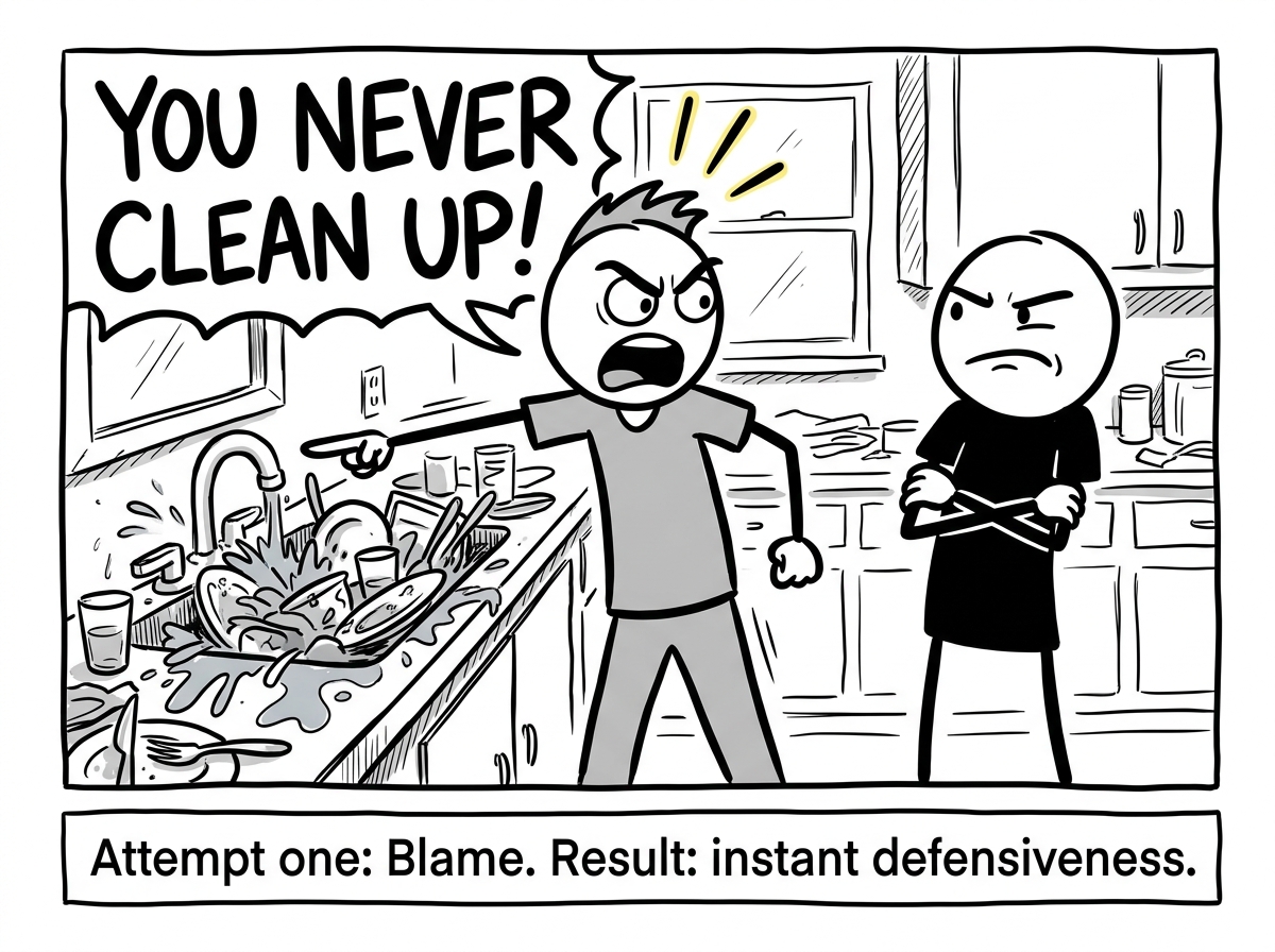 A person pointing angrily at a sink full of dishes, yelling 'You NEVER clean up!' at their partner, who immediately crosses their arms defensively