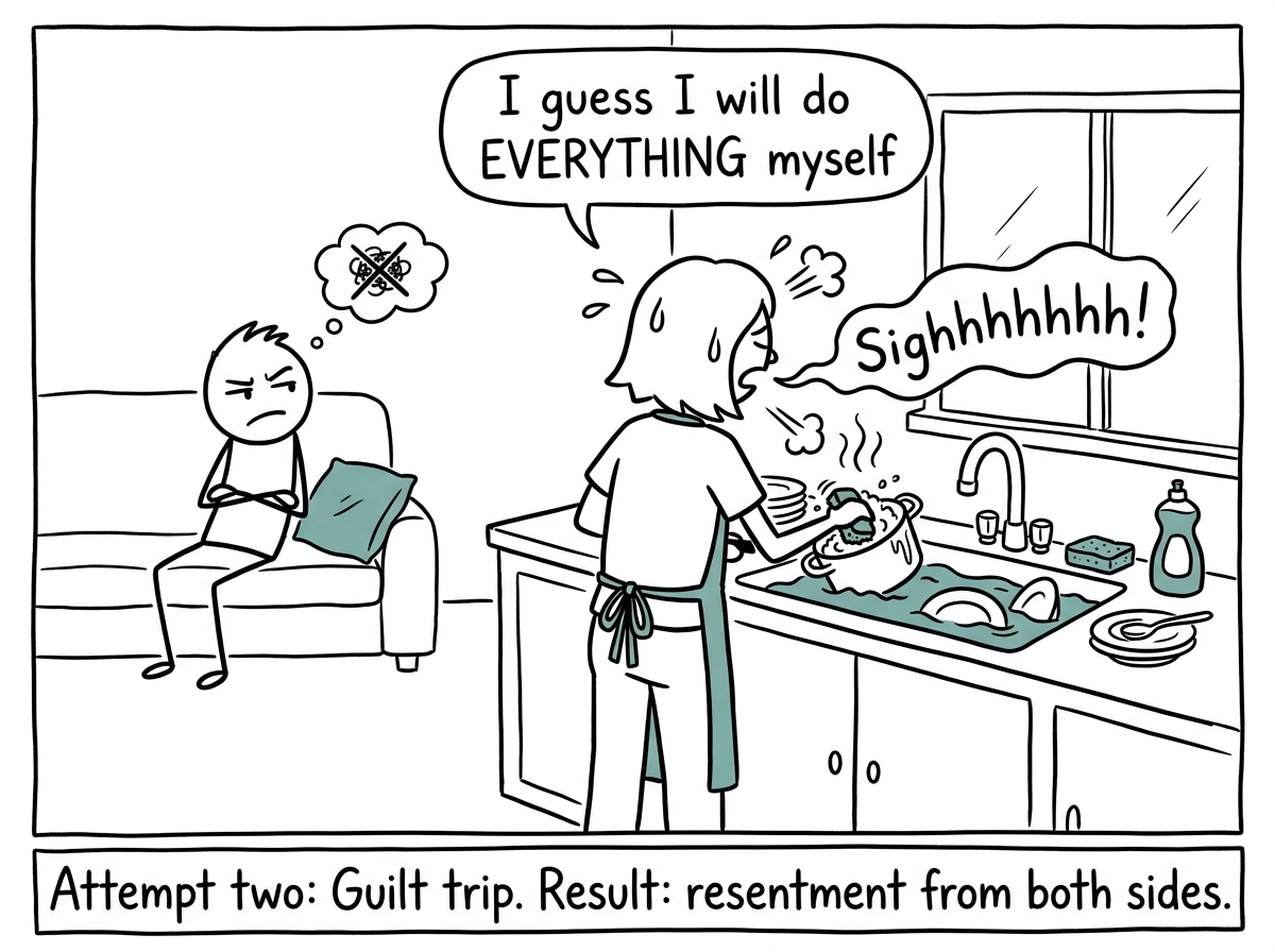 The same person now dramatically washing dishes alone, sighing heavily, while their partner sits on the couch looking guilty but also annoyed, a speech bubble showing 'I guess I will do EVERYTHING myself'