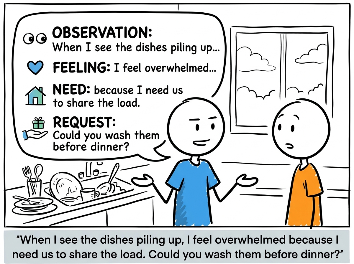 The person trying again, this time with a calm expression and a structured speech bubble showing the four NVC steps: Observation, Feeling, Need, Request