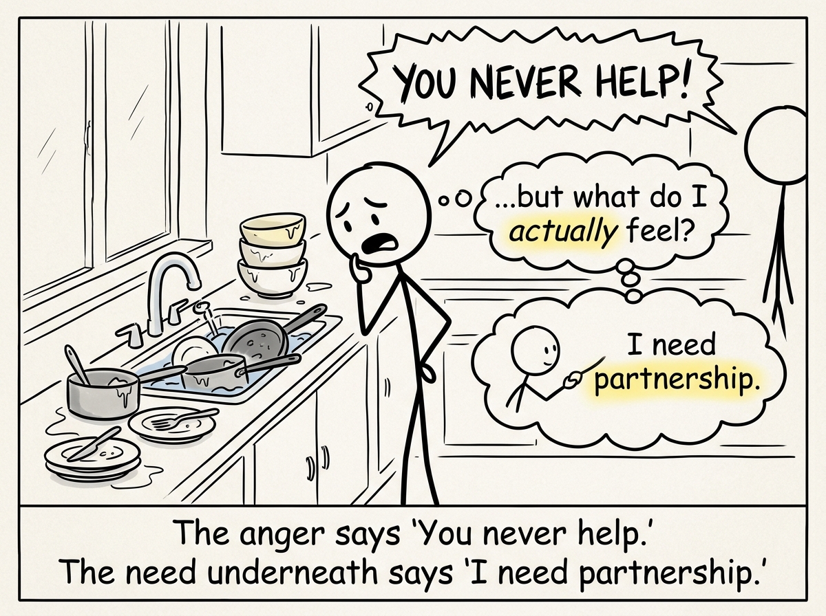 A stick figure looking at a sink full of dishes, feeling the urge to blame, but pausing to identify what they actually feel underneath the anger