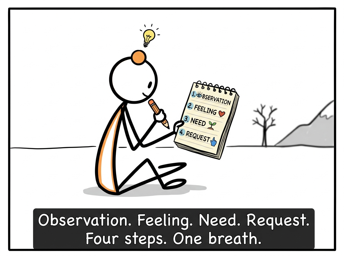 The stick figure formulating the NVC version: observation, feeling, need, request — shown as four steps on a small notepad