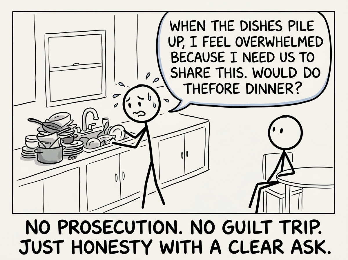 The stick figure saying 'When the dishes pile up, I feel overwhelmed because I need us to share this. Would you do them before dinner?'