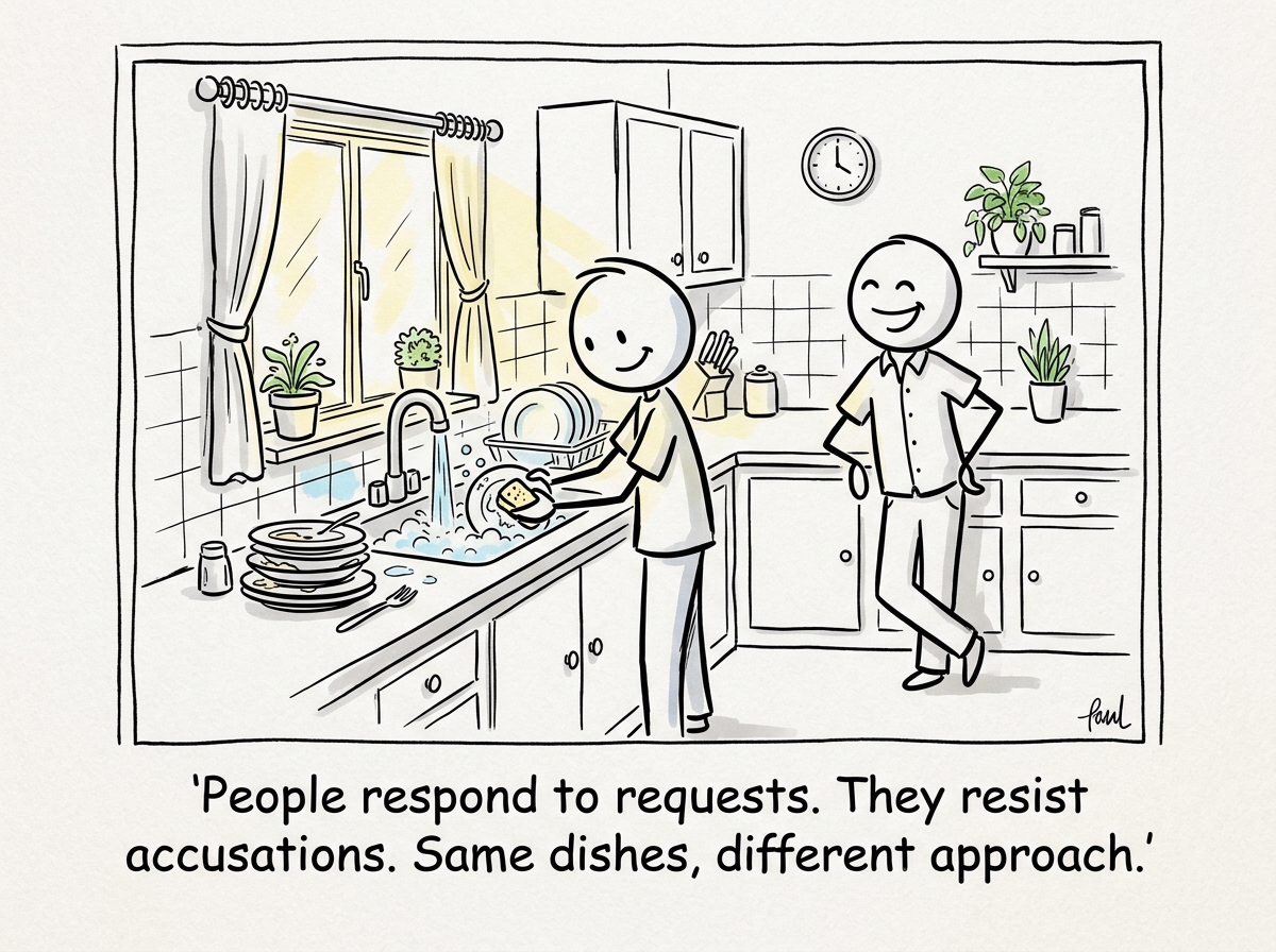 The partner getting up and doing the dishes, both looking relieved, the kitchen no longer a courtroom
