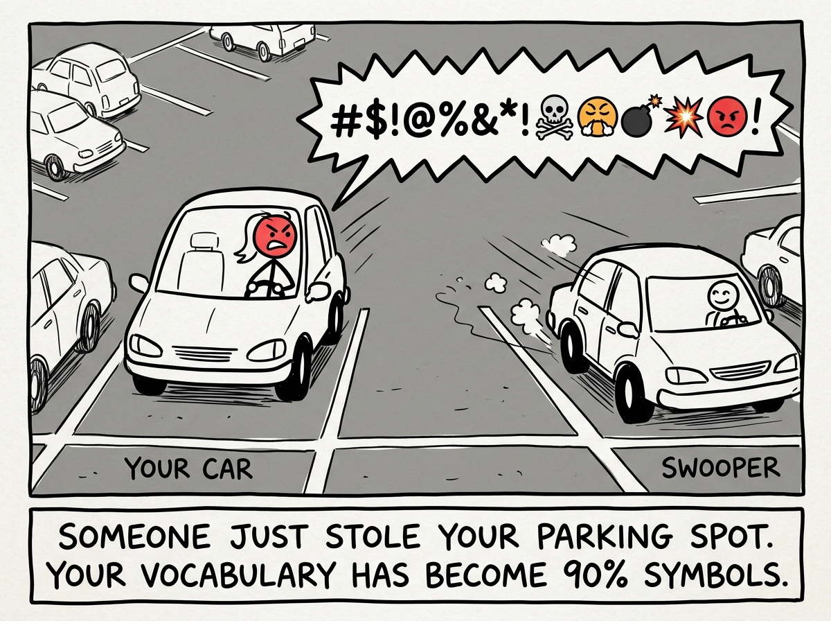 A person in a car watching another car swoop into the parking spot they were waiting for, their face turning red with a speech bubble full of symbols representing cursing