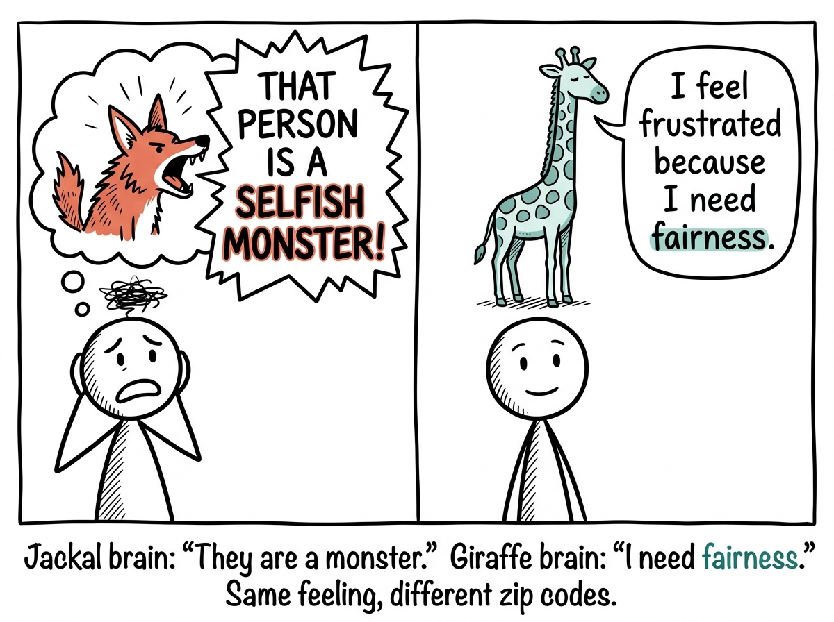 A split screen showing the person's jackal brain screaming 'THAT PERSON IS A SELFISH MONSTER' on one side, and a calm giraffe with a speech bubble translating 'I feel frustrated because I need fairness' on the other
