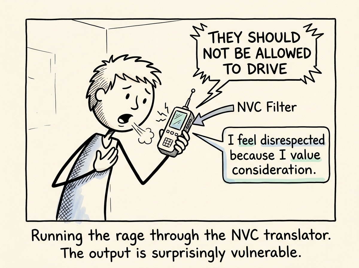 The person taking a breath, the NVC filter shown as a translator device converting 'THEY SHOULD NOT BE ALLOWED TO DRIVE' into 'I feel disrespected because I value consideration'
