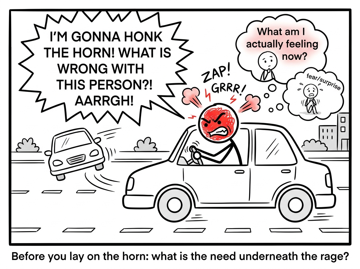 A stick figure in a car, someone cutting them off, face red with rage — but a small inner voice asks 'What am I actually feeling right now?'