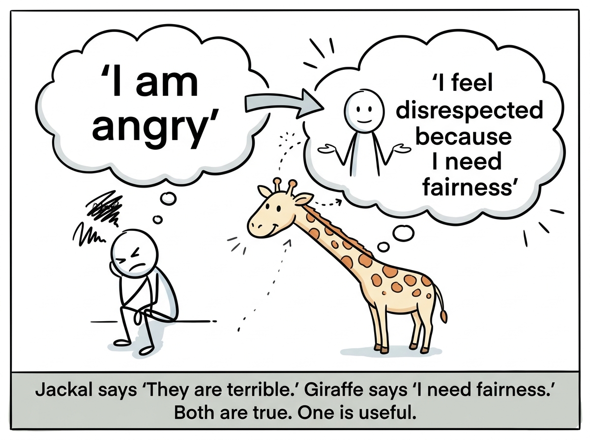 The stick figure translating internally: 'I am angry' becomes 'I feel disrespected because I need fairness' — the giraffe appearing as a calm guide