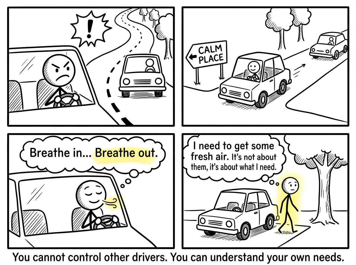 The stick figure taking a breath, driving to another spot, the rage subsiding as they understand their own need instead of fixating on the other driver