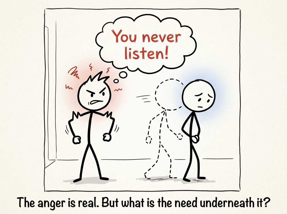 A stick figure feeling angry, a thought bubble showing the urge to say 'You never listen' — but they pause and look inward instead