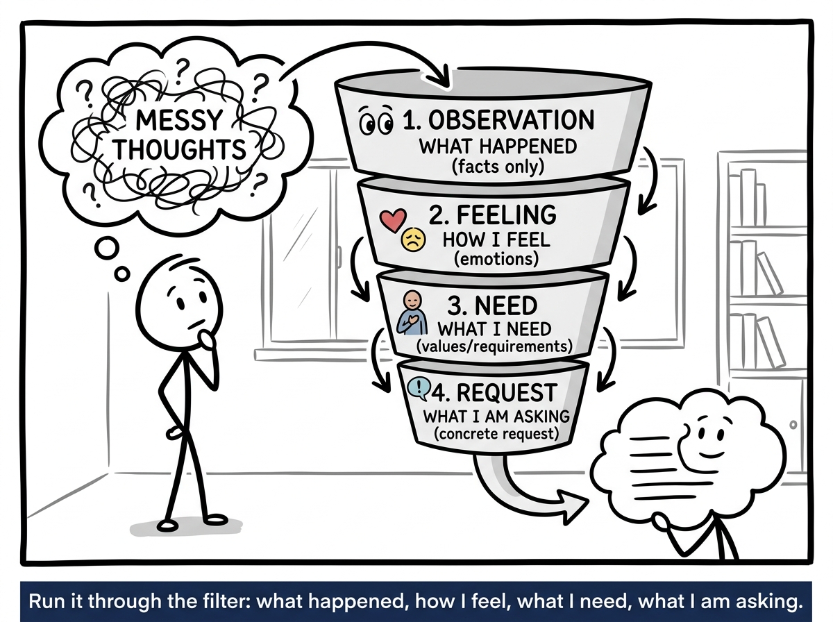 The stick figure translating their thoughts through four steps shown as a filter: Observation, Feeling, Need, Request