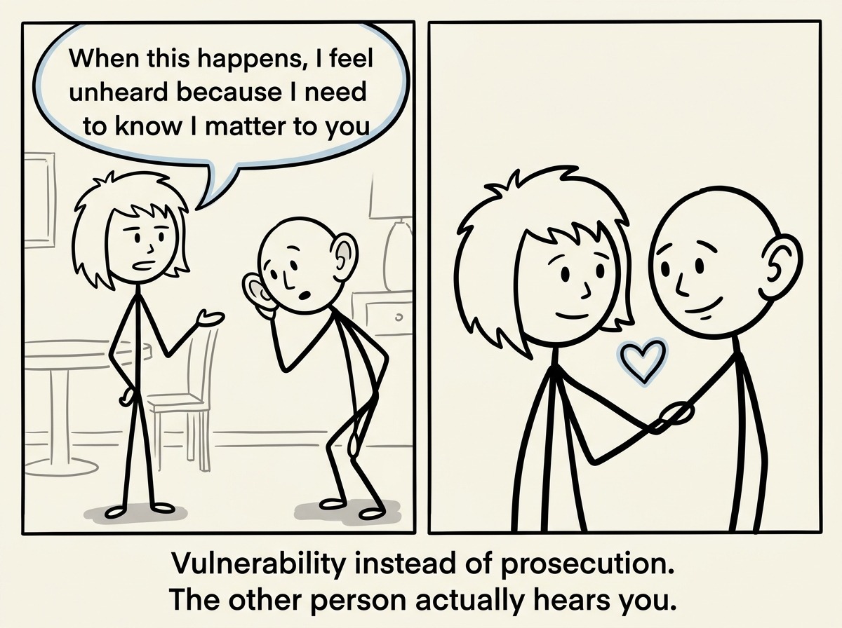 The stick figure speaking calmly: 'When this happens, I feel unheard because I need to know I matter to you' — the other person leans in to listen