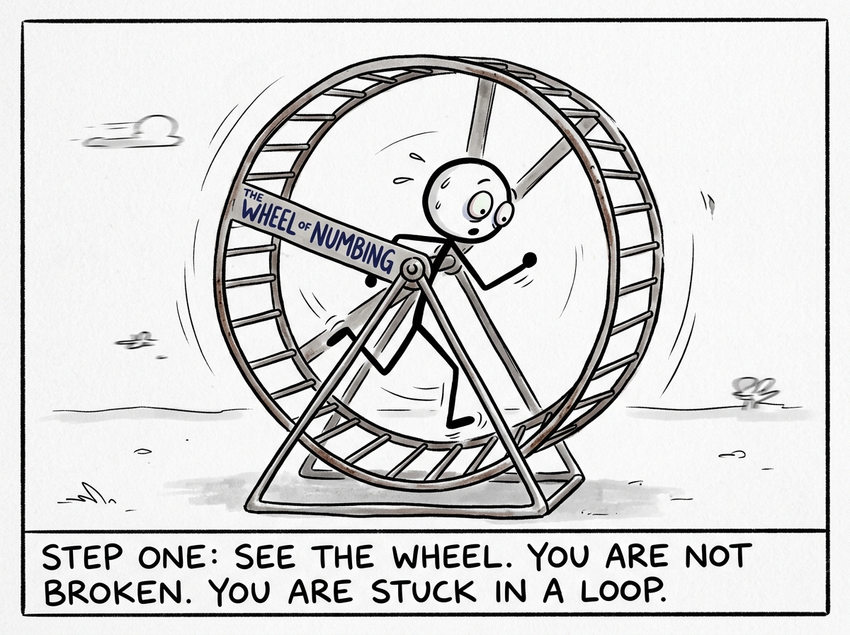 A stick figure on the hamster wheel of numbing, suddenly looking down and noticing the wheel for the first time, eyes widening with recognition