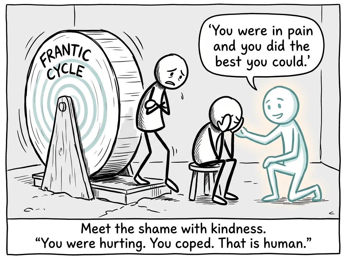 The stick figure stepping off the wheel and sitting with the shame, a kind inner voice saying 'You were in pain and you did the best you could'