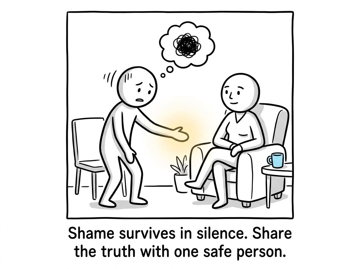 The stick figure reaching out to a trusted friend or therapist, breaking the isolation that shame demands, looking vulnerable but brave