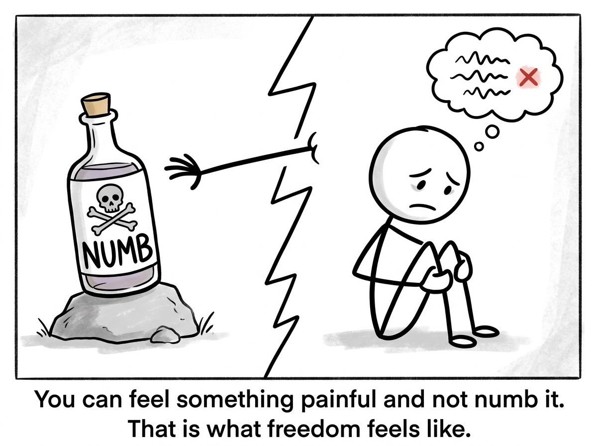 The stick figure sitting with a difficult feeling without reaching for the numbing tool, uncomfortable but intact, the cycle broken
