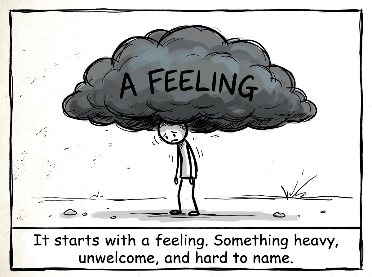 A stick figure standing still as a dark cloud labeled 'A FEELING' arrives -- grief, anxiety, loneliness, something heavy and unnamed -- pressing down on their shoulders