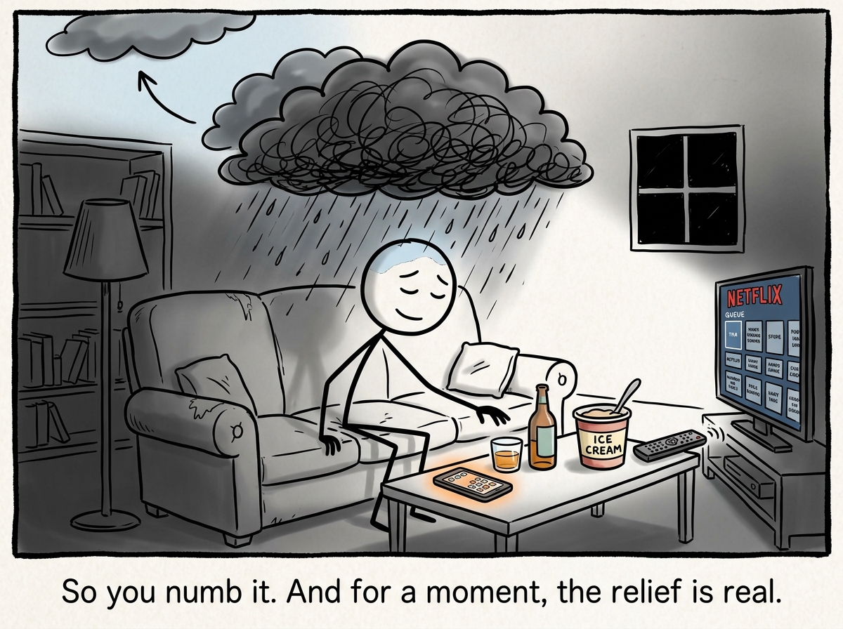 The stick figure reaching for a numbing tool -- a phone, a drink, a pint of ice cream, a Netflix queue -- and the dark cloud temporarily receding as a brief calm washes over their face