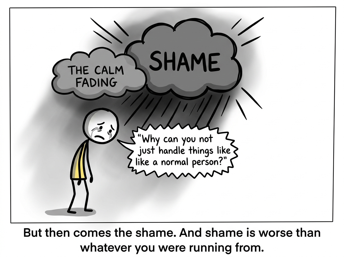 The calm fading as a new cloud labeled 'SHAME' arrives, even darker than the first, with the stick figure's inner voice saying 'Why can you not just handle things like a normal person?'