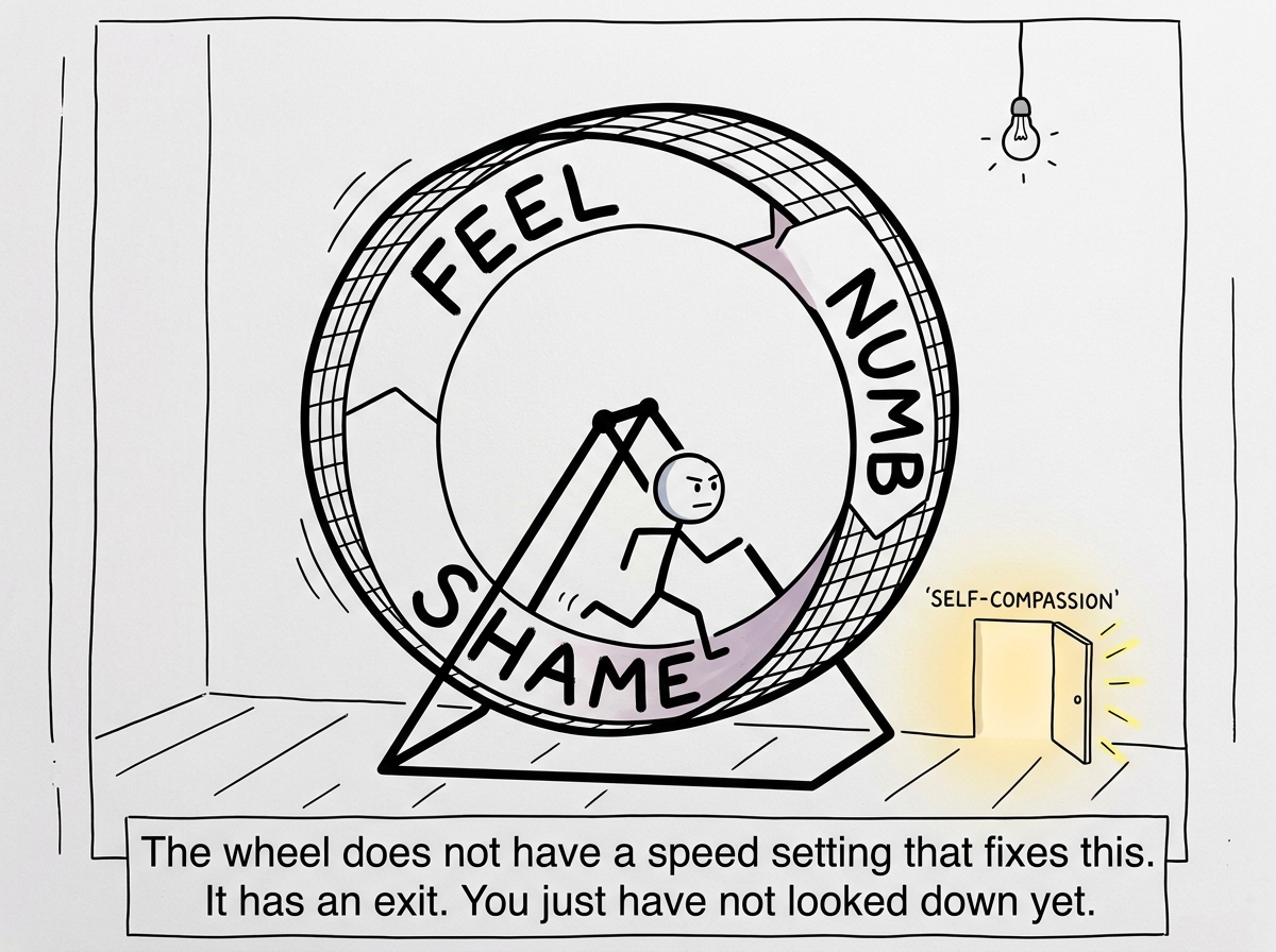 A wide shot revealing the stick figure is on a hamster wheel, running from FEEL to NUMB to SHAME and back again, while a small, glowing exit door labeled 'self-compassion' sits just off the wheel, unnoticed