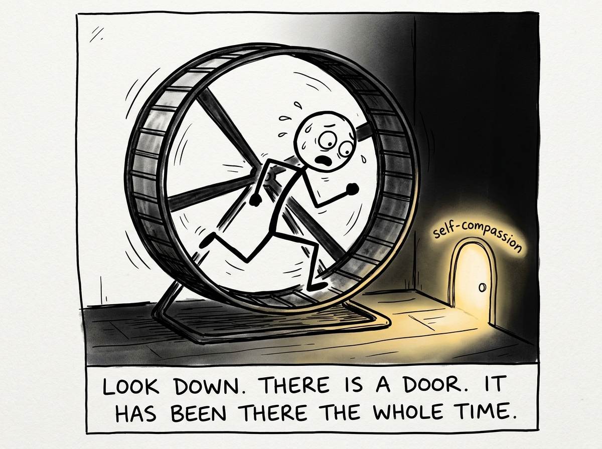 A stick figure on the hamster wheel, suddenly looking down and noticing the small glowing door labeled 'self-compassion' just off the wheel