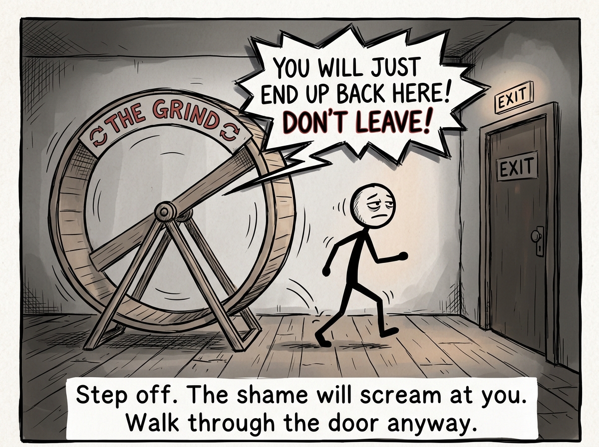 The stick figure stepping off the wheel toward the door, stumbling, the shame voice yelling 'You will just end up back here,' but the figure keeps walking
