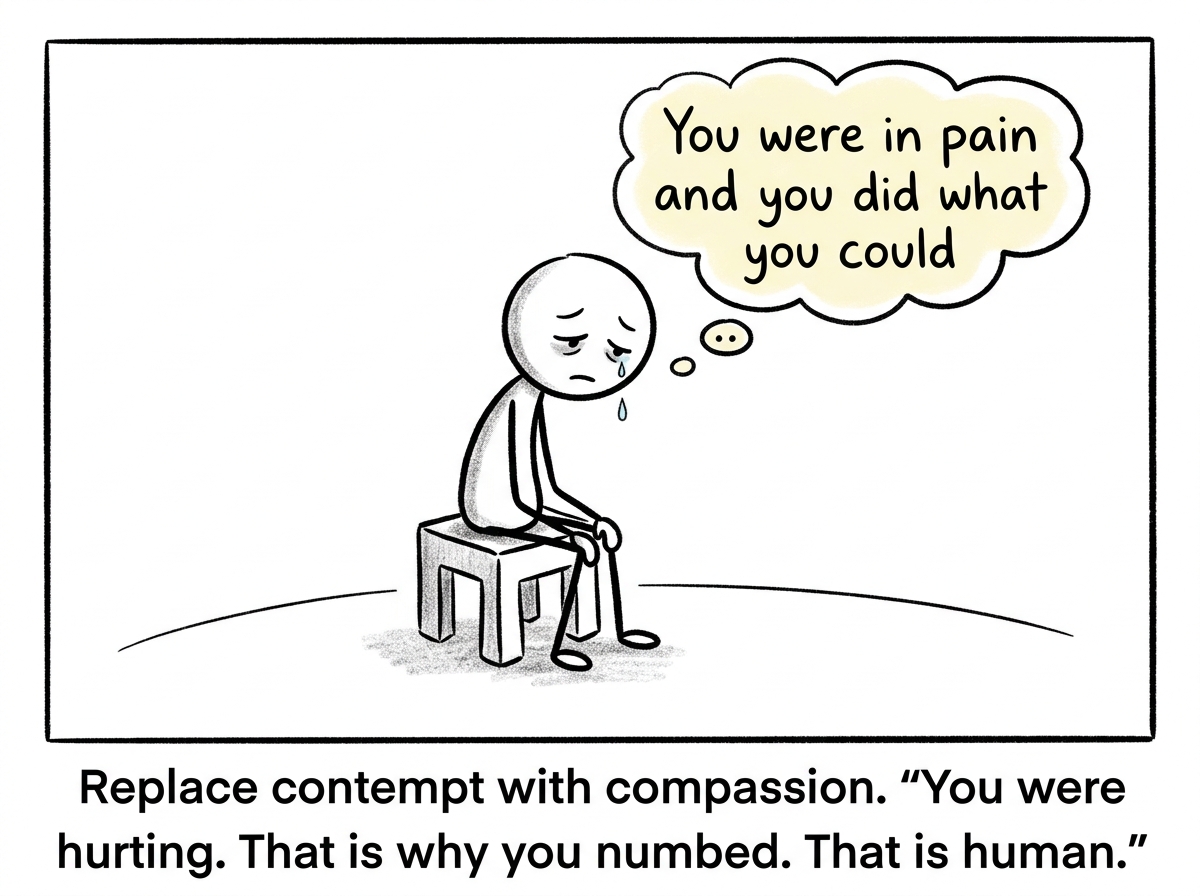 The stick figure sitting with a kind inner voice instead of the critical one, hearing 'You were in pain and you did what you could' for the first time