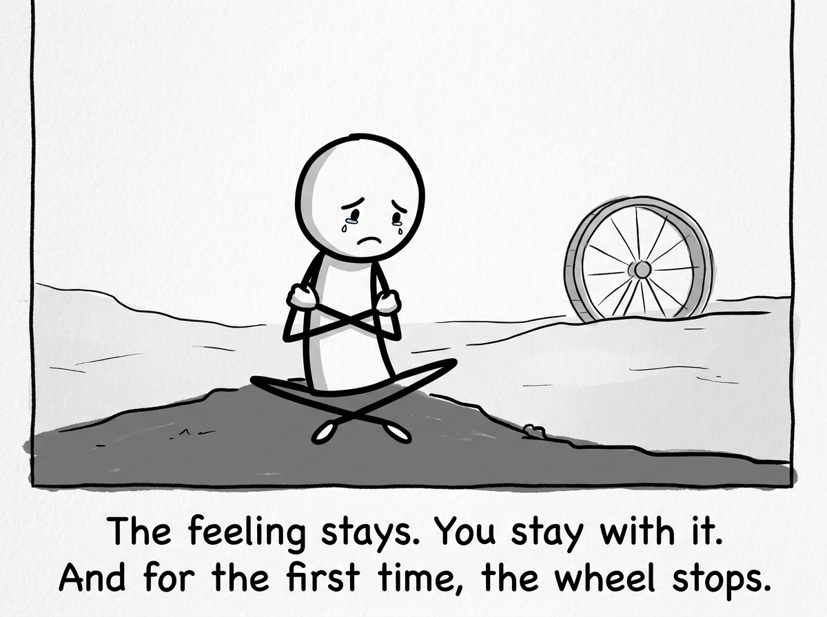 The stick figure feeling a painful emotion without reaching for the numbing tool, sitting with it, the wheel visible in the distance but no longer spinning