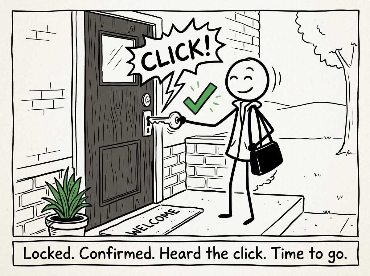A stick figure locking their front door, hearing a clear 'CLICK,' and nodding with satisfaction. A checkmark appears next to the lock.
