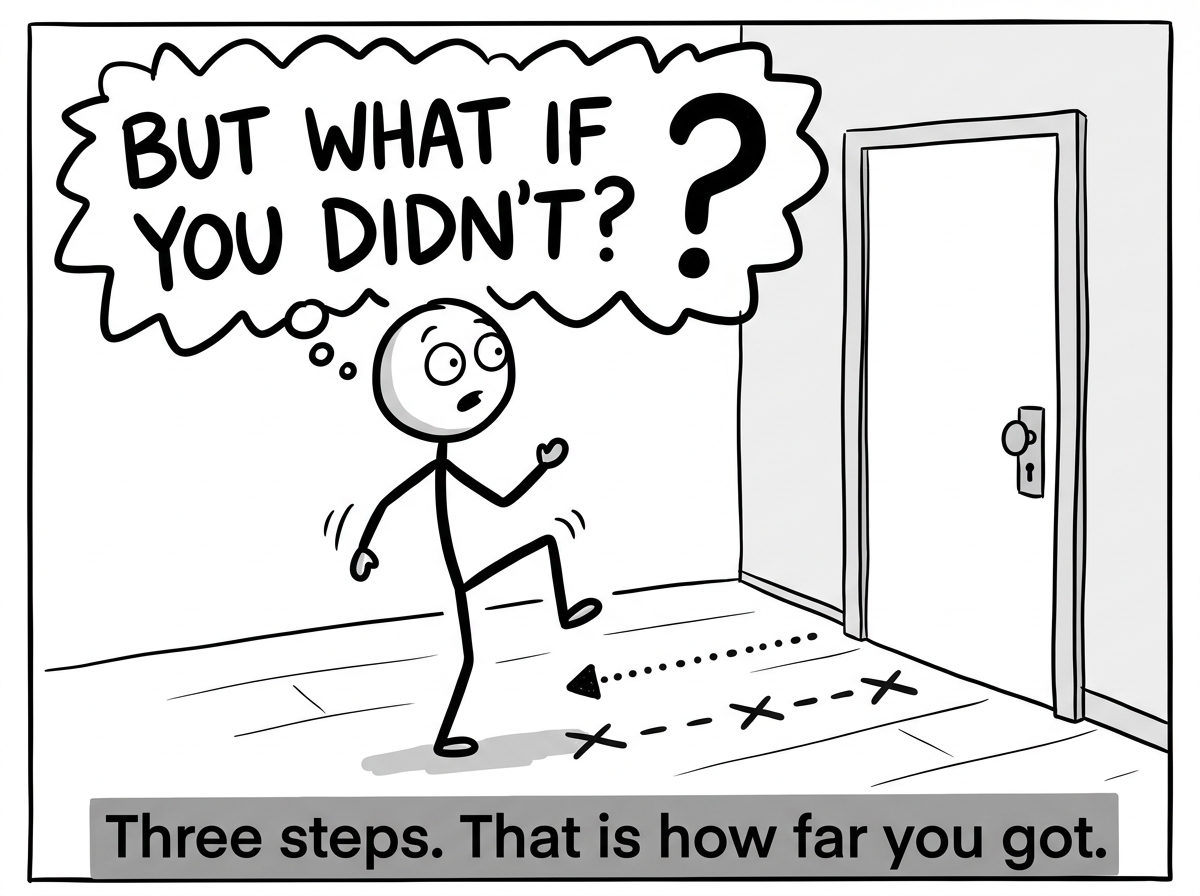 The stick figure three steps away from the door, frozen mid-stride, as a loud thought bubble screams 'BUT WHAT IF YOU DIDN'T?' with the checkmark now replaced by a question mark